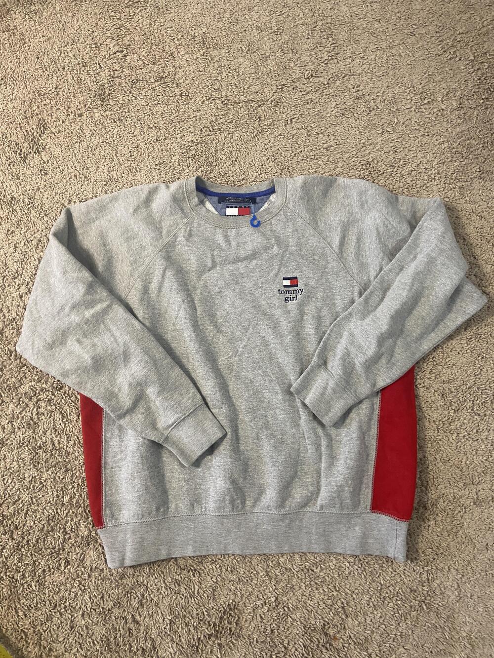 Tommy Hilfiger Sweater Womens Medium Gray Fleece Raglan Crewneck Logo Pullover